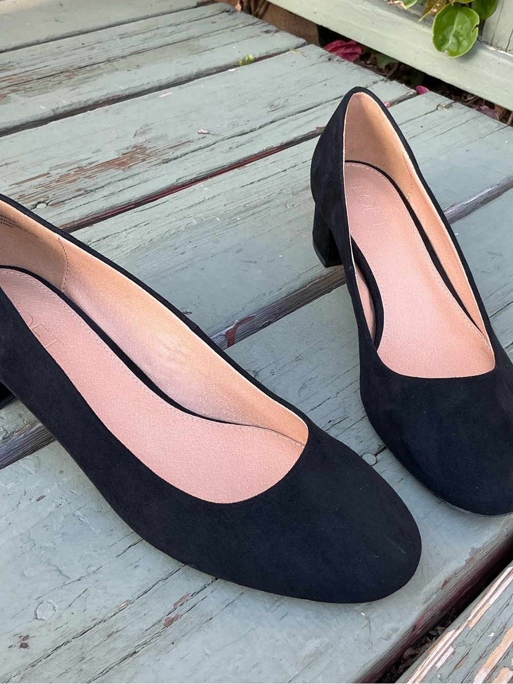 LOFT Black Suede Low Block Heel Pumps Wide Fit Black Suedette Heel Court Shoe